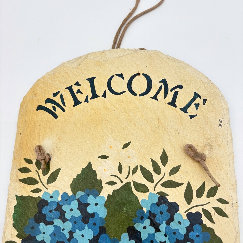 Rustic Slate Welcome Sign Blue Hydrangea Watering Can Floral Porch Wall Decor - Picture 2 of 4